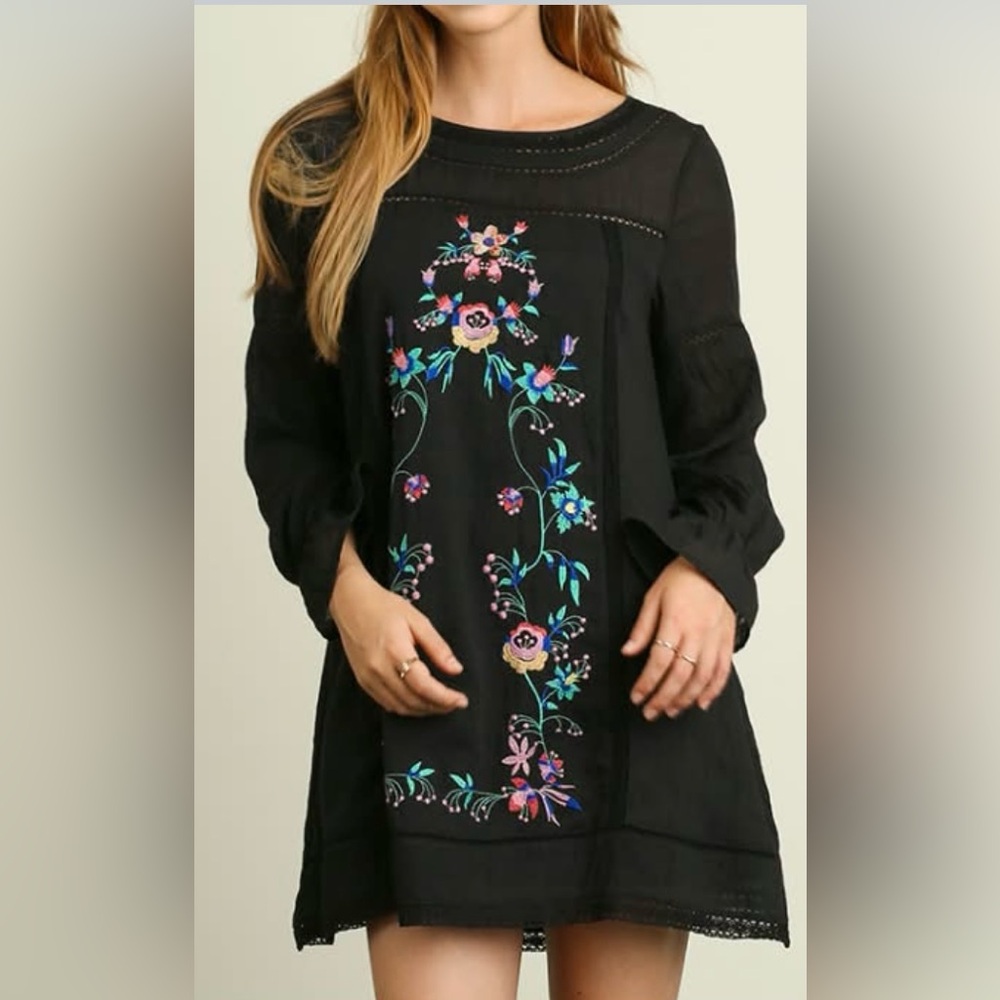 UMGEE NWT Black Mini Dress Floral Embroidery Lace Long Sleeve Size Large